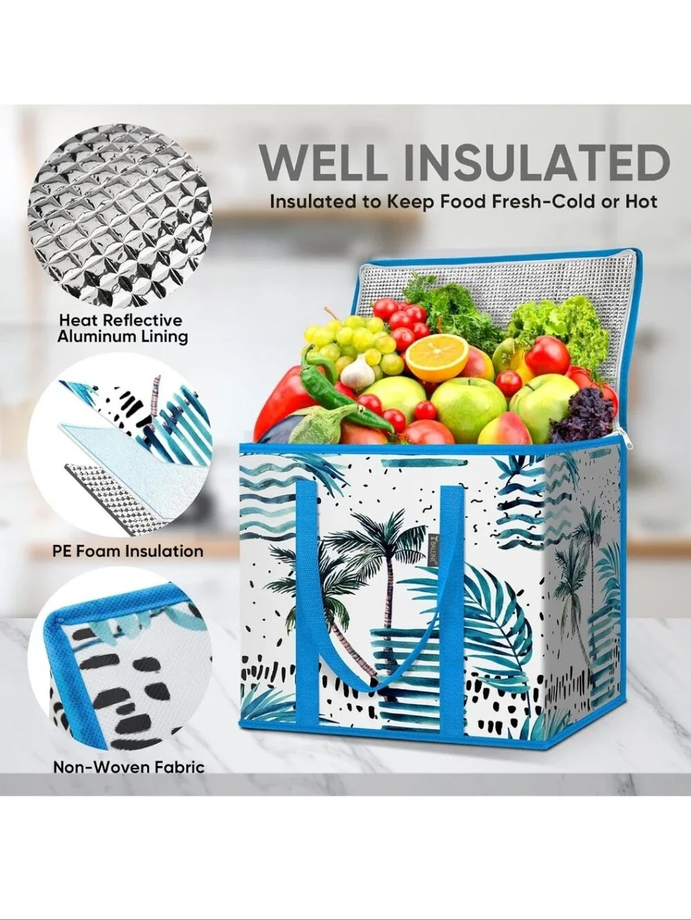Insulated Beach Tote Cooler Bag Set with Palm Print - Blue